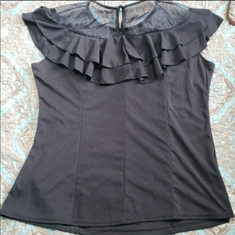 #10206-5 Women’s Plus Mesh Panel Tiered Trim Tee,size 3XL,Black - Picture 5 of 8